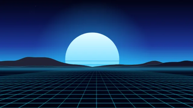 Fond d'écran soleil rétro rayé et grille néon à l’horizon, style synthwave, teintes cyan