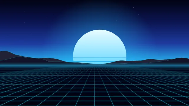 Fond d'écran soleil rétro rayé et grille néon à l’horizon, style synthwave, teintes cyan