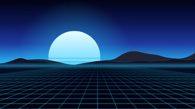 Fond d'écran soleil rétro rayé et grille néon à l’horizon, style synthwave, teintes cyan