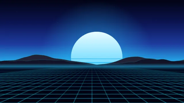 Fond d'écran soleil rétro rayé et grille néon à l’horizon, style synthwave, teintes cyan