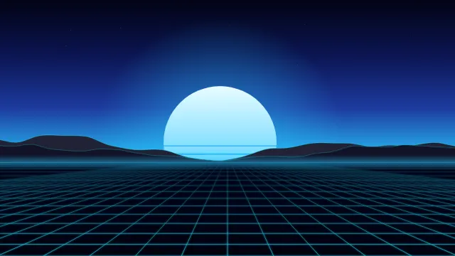 Fond d'écran soleil rétro rayé et grille néon à l’horizon, style synthwave, teintes cyan
