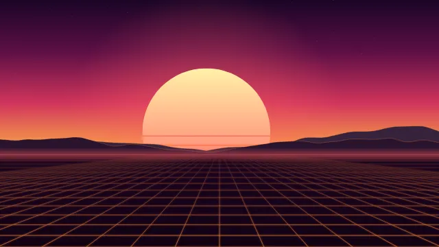 Fond d'écran soleil rétro rayé et grille néon à l’horizon, style synthwave, teintes coucher