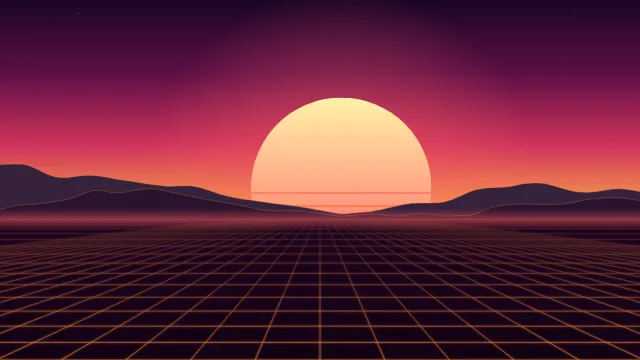Fond d'écran soleil rétro rayé et grille néon à l’horizon, style synthwave, teintes coucher
