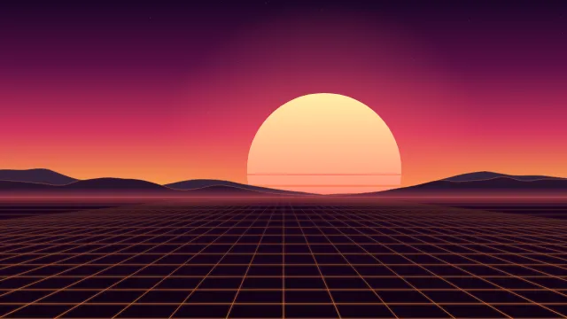 Fond d'écran soleil rétro rayé et grille néon à l’horizon, style synthwave, teintes coucher