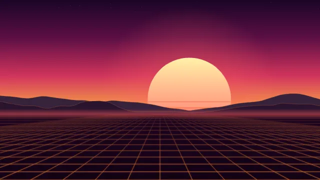 Fond d'écran soleil rétro rayé et grille néon à l’horizon, style synthwave, teintes coucher