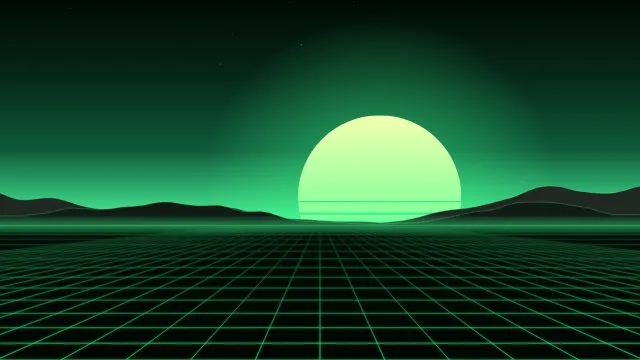 Fond d'écran soleil rétro rayé et grille néon à l’horizon, style synthwave, teintes acide