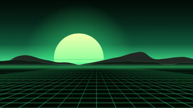 Fond d'écran soleil rétro rayé et grille néon à l’horizon, style synthwave, teintes acide