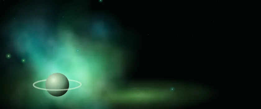 Fond d'écran nébuleuse colorée, étoiles et planète, teintes émeraude