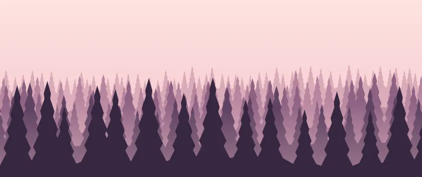 Fond d'écran forêt de sapins en couches dans la brume, teintes aube rose