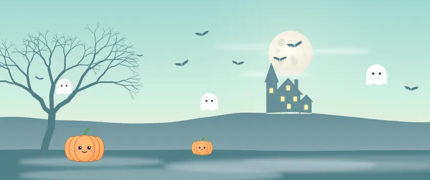 Fond d'écran nuit d’Halloween : pleine lune, chauves-souris, maison hantée, arbre nu et citrouilles, teintes menthe mignon