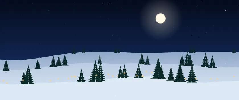 Fond d'écran paysage d’hiver enneigé avec sapins et guirlandes lumineuses, teintes nuit de noël