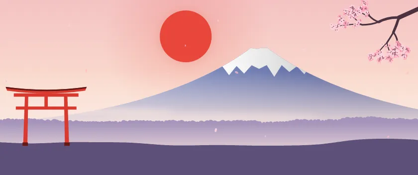 Fond d'écran paysage d’inspiration japonaise : volcan enneigé, grand soleil, portique torii et branche de cerisier en fleurs, teintes aube rose
