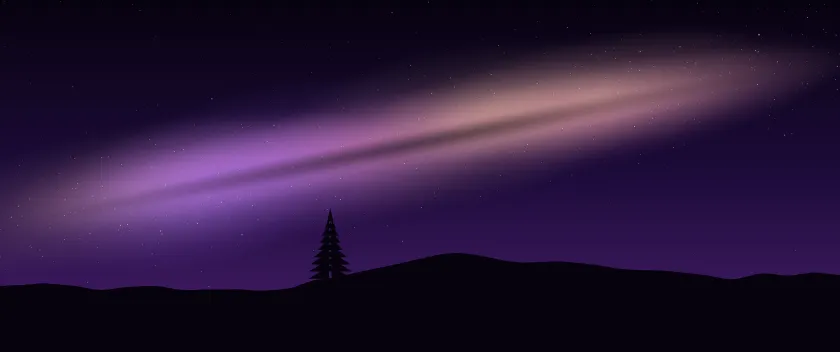Fond d'écran ciel étoilé et voie lactée au-dessus d’une colline avec un sapin, teintes violet