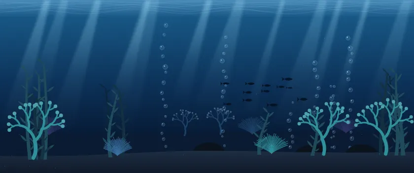 Fond d'écran fond marin : rayons de lumière, bulles, coraux, algues et banc de poissons, teintes abysses