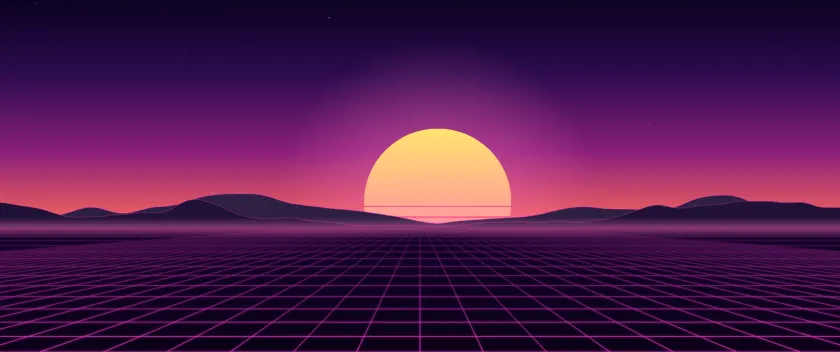 Fond d'écran soleil rétro rayé et grille néon à l’horizon, style synthwave, teintes rétro