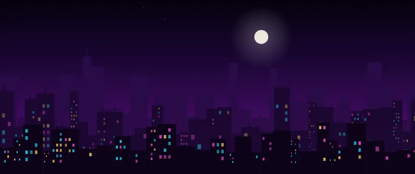 Fond d'écran silhouette de ville la nuit, fenêtres éclairées, teintes néon