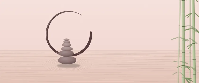 Fond d'écran jardin zen : galets empilés, sable ratissé, cercle ensō tracé au pinceau et bambous, teintes aube