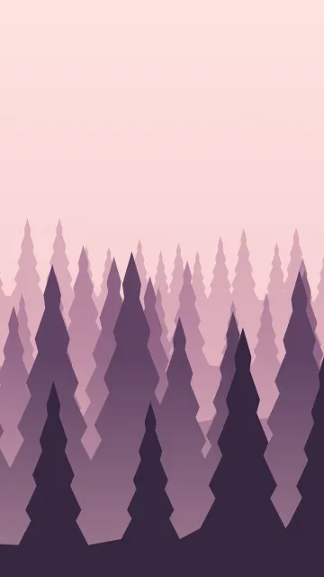 Fond d'écran forêt de sapins en couches dans la brume, teintes aube rose