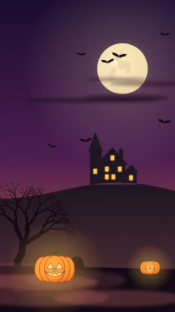 Fond d'écran nuit d’Halloween : pleine lune, chauves-souris, maison hantée, arbre nu et citrouilles, teintes citrouille