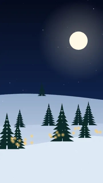 Fond d'écran paysage d’hiver enneigé avec sapins et guirlandes lumineuses, teintes nuit de noël