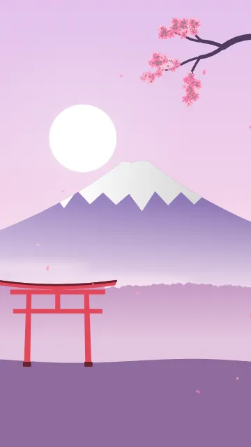 Fond d'écran paysage d’inspiration japonaise : volcan enneigé, grand soleil, portique torii et branche de cerisier en fleurs, teintes sakura