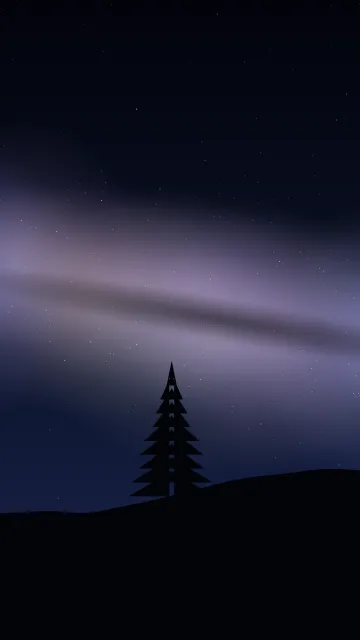 Fond d'écran ciel étoilé et voie lactée au-dessus d’une colline avec un sapin, teintes voie lactée