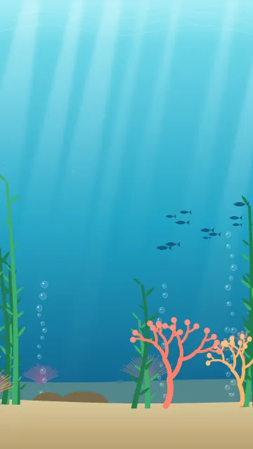Fond d'écran fond marin : rayons de lumière, bulles, coraux, algues et banc de poissons, teintes lagon
