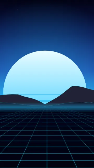 Fond d'écran soleil rétro rayé et grille néon à l’horizon, style synthwave, teintes cyan