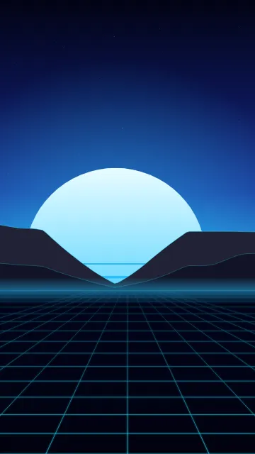 Fond d'écran soleil rétro rayé et grille néon à l’horizon, style synthwave, teintes cyan