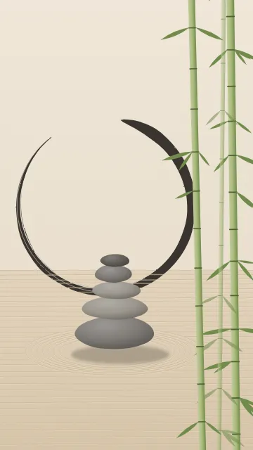 Fond d'écran jardin zen : galets empilés, sable ratissé, cercle ensō tracé au pinceau et bambous, teintes sable