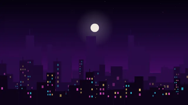 Fond d'écran silhouette de ville la nuit, fenêtres éclairées, teintes néon