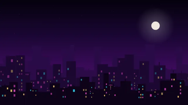 Fond d'écran silhouette de ville la nuit, fenêtres éclairées, teintes néon