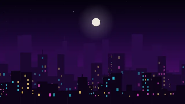 Fond d'écran silhouette de ville la nuit, fenêtres éclairées, teintes néon