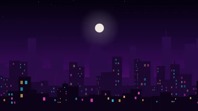 Fond d'écran silhouette de ville la nuit, fenêtres éclairées, teintes néon