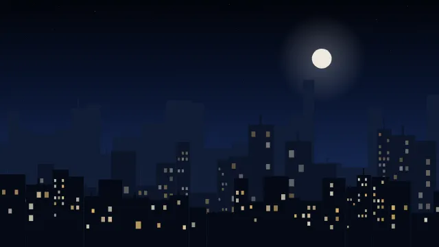 Fond d'écran silhouette de ville la nuit, fenêtres éclairées, teintes minuit