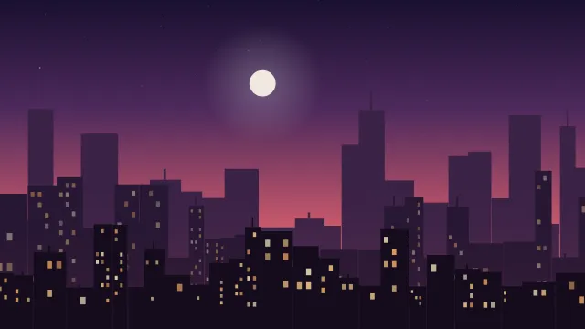 Fond d'écran silhouette de ville la nuit, fenêtres éclairées, teintes crépuscule