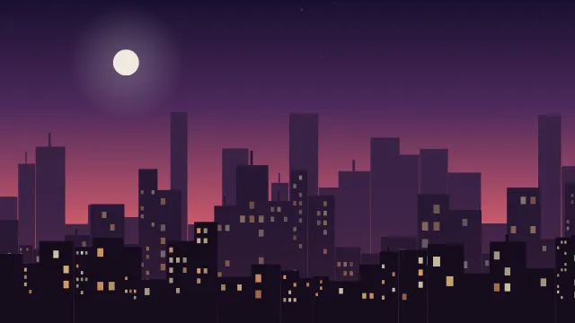 Fond d'écran silhouette de ville la nuit, fenêtres éclairées, teintes crépuscule