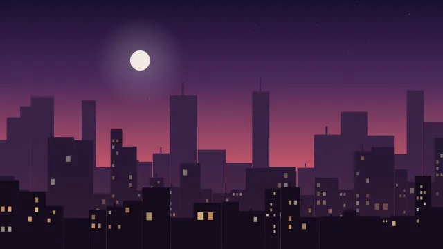 Fond d'écran silhouette de ville la nuit, fenêtres éclairées, teintes crépuscule