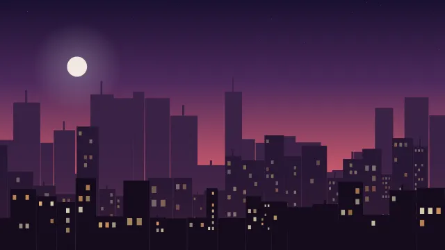 Fond d'écran silhouette de ville la nuit, fenêtres éclairées, teintes crépuscule