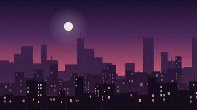 Fond d'écran silhouette de ville la nuit, fenêtres éclairées, teintes crépuscule
