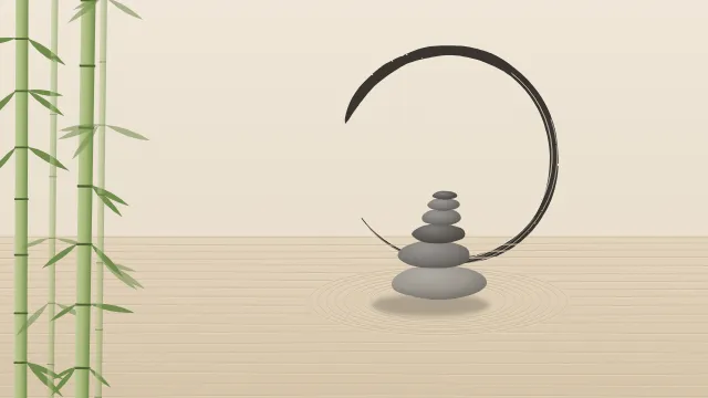 Fond d'écran jardin zen : galets empilés, sable ratissé, cercle ensō tracé au pinceau et bambous, teintes sable