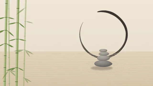 Fond d'écran jardin zen : galets empilés, sable ratissé, cercle ensō tracé au pinceau et bambous, teintes sable