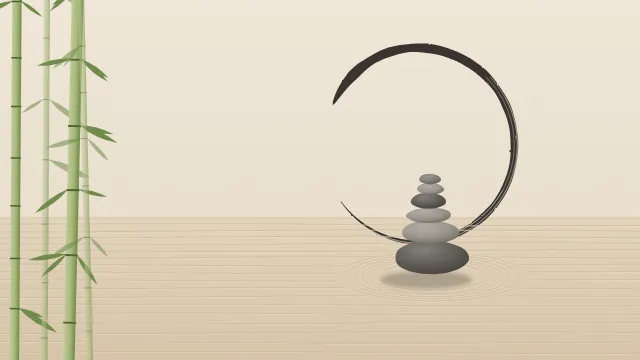 Fond d'écran jardin zen : galets empilés, sable ratissé, cercle ensō tracé au pinceau et bambous, teintes sable