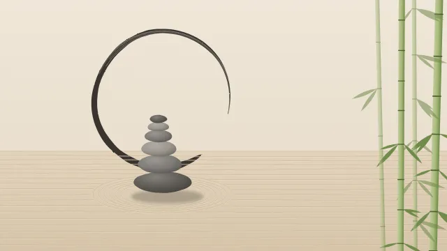 Fond d'écran jardin zen : galets empilés, sable ratissé, cercle ensō tracé au pinceau et bambous, teintes sable