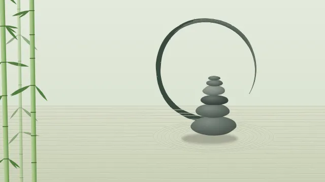 Fond d'écran jardin zen : galets empilés, sable ratissé, cercle ensō tracé au pinceau et bambous, teintes sauge