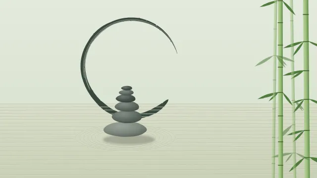 Fond d'écran jardin zen : galets empilés, sable ratissé, cercle ensō tracé au pinceau et bambous, teintes sauge