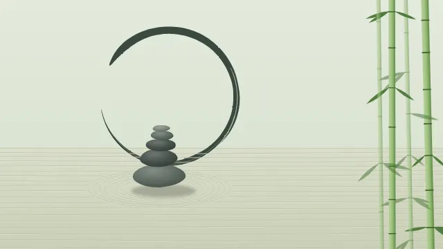 Fond d'écran jardin zen : galets empilés, sable ratissé, cercle ensō tracé au pinceau et bambous, teintes sauge