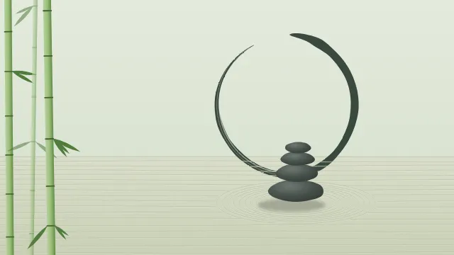 Fond d'écran jardin zen : galets empilés, sable ratissé, cercle ensō tracé au pinceau et bambous, teintes sauge