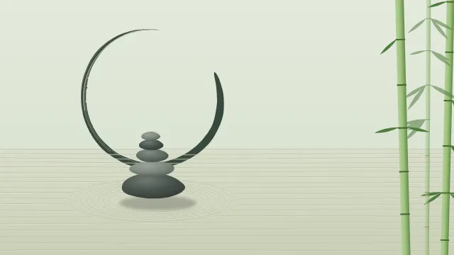Fond d'écran jardin zen : galets empilés, sable ratissé, cercle ensō tracé au pinceau et bambous, teintes sauge