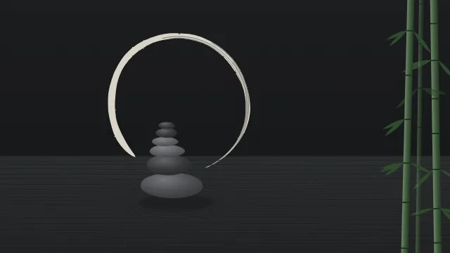 Fond d'écran jardin zen : galets empilés, sable ratissé, cercle ensō tracé au pinceau et bambous, teintes encre